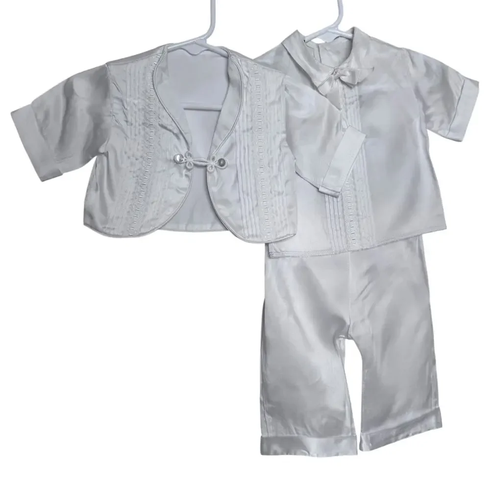 50s Phyllis Baby Wear White Satin Christening Baptism Suit Set Boys 6 Pc 3-6 M
